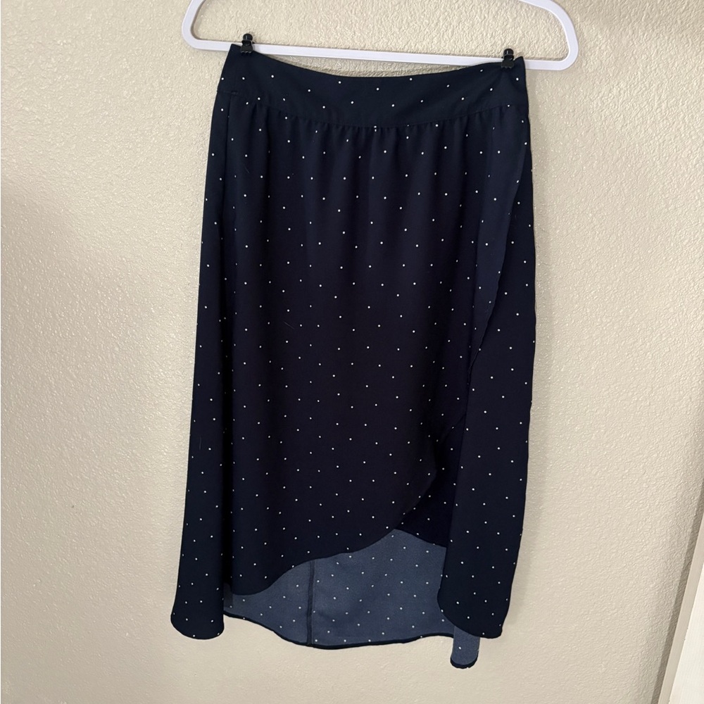 LOFT Asymmetrical Navy with White Polka Dots Midi Skirt